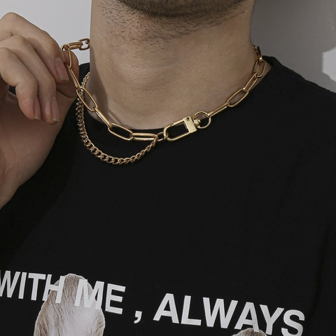Collier Superposé Hip Hop Street pour Hommes Femmes Rétro Fer Chaîne Trombone Style Punk Bijoux Ton Argent Or