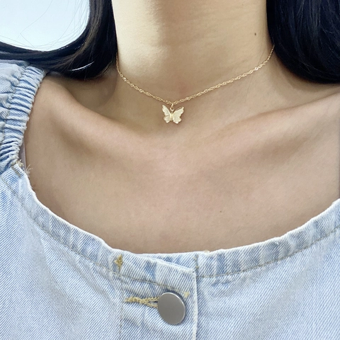 Fashion Butterfly Pendant Necklace For Women Gold Silver Alloy Layered Clavicle Chain Choker Rhinestone Letter Jewelry Gift