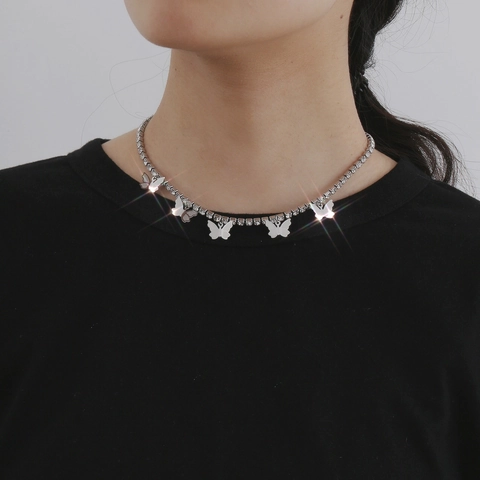 Edelstahl Schmetterling Anhänger Halskette Für Damen Rosa Blau Strass Tennis Kette Choker Verstellbarer Schmuck Geschenk