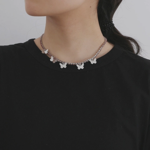 Edelstahl Schmetterling Anhänger Halskette Für Damen Rosa Blau Strass Tennis Kette Choker Verstellbarer Schmuck Geschenk