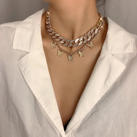 Collar de Doble Capa Punk Hip Hop de Aleación con Colgante de Mariposa y Cadena Cubana de Strass para Mujer Joyería