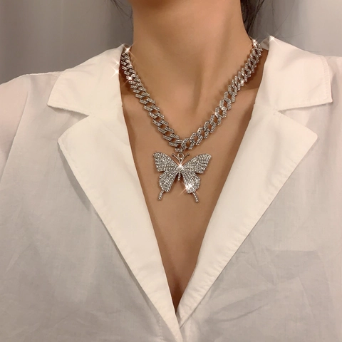Trendige Legierung Strass Schmetterling Anhänger Halskette Hip Hop Panzerkette Für Damen Party Mode Schmuck Geschenk