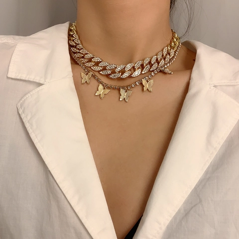Collar de Doble Capa Punk Hip Hop de Aleación con Colgante de Mariposa y Cadena Cubana de Strass para Mujer Joyería