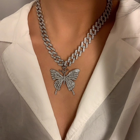Trendige Legierung Strass Schmetterling Anhänger Halskette Hip Hop Panzerkette Für Damen Party Mode Schmuck Geschenk