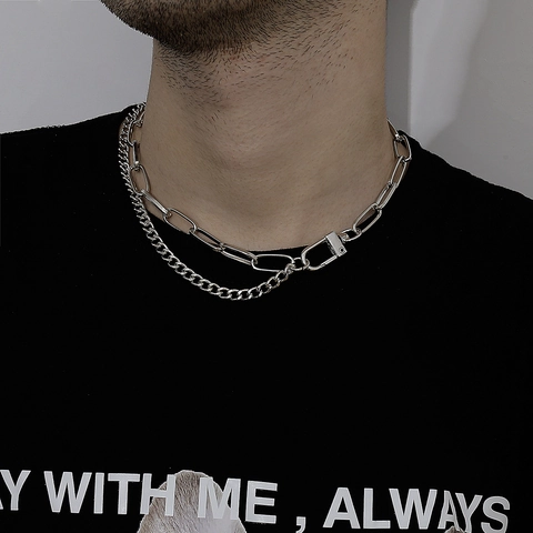 Collier Superposé Hip Hop Street pour Hommes Femmes Rétro Fer Chaîne Trombone Style Punk Bijoux Ton Argent Or