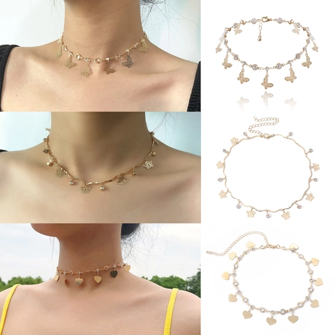 Collar Choker de Cobre Chapado en Oro Con Mariposa y Corazón de Estrás para Mujer Colgante de Mariposa Hueca Joyería Simple