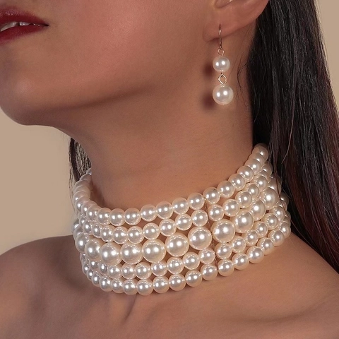 Bohemian Multi Layer Imitation Artificial Pearl Choker Necklace For Women Vintage Elegant Gold Silver Plated Beaded Statement Wedding Jewelry