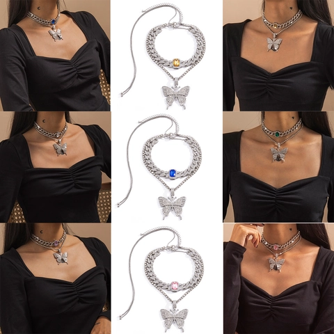 Mode Legierung Strass Mehrlagige Halskette Set Großer Schmetterling Anhänger Bunte Edelstein Panzerkette Damen Party Schmuck