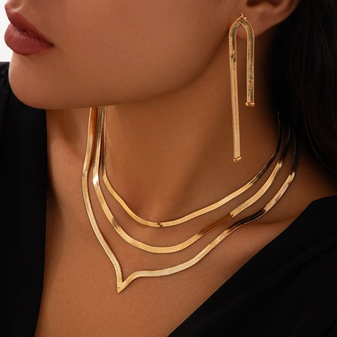 Minimalist Punk Metal Snake Bone Chain Layered Necklace For Women Gold Silver Plated Copper Alloy Jewelry Set For Daily Party