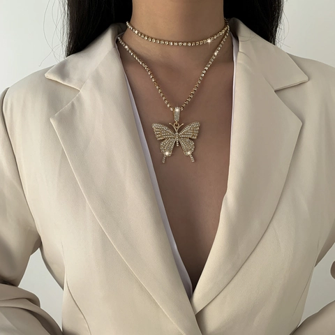 Luxus Vergoldet Legierung Schmetterling Anhänger Doppelreihige Halskette Mit Rosa Strass Tennis Kette Damen Party Schmuck