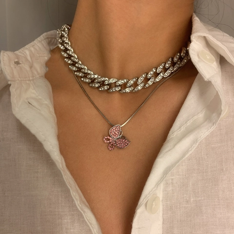 Doppelschichtige Schmetterling Anhänger Halskette Legierung Gold Silber Plattiert Panzerkette Rosa Transparent Strass Schmuck Für Damen