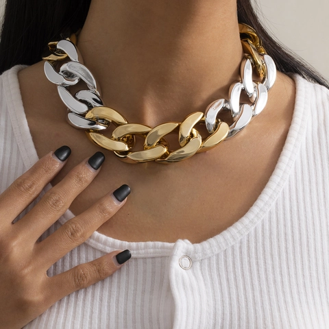 Grobe Punk Geometrische Ketting Halsketting Voor Heren Dames Aluminium Kunststof Goud Zilver Tweekleurig Cubaanse Schakel Hip Hop
