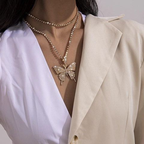 Luxus Vergoldet Legierung Schmetterling Anhänger Doppelreihige Halskette Mit Rosa Strass Tennis Kette Damen Party Schmuck