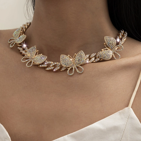 Women's Hiphop Gold Silver Plated Alloy Cuban Chain Butterfly Necklace With Rhinestones Colorful Crystal Choker Jewelry