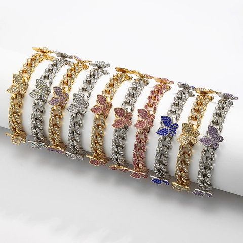 Exaggerated Butterfly Cuban Link Anklet Alloy Rhinestone Pave Foot Chain Trendy Hip Hop Jewelry For Women Gift