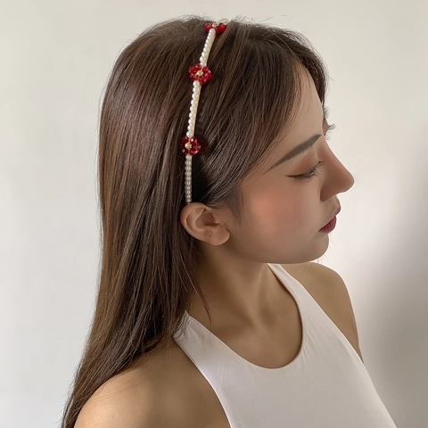 Pastoral Daisy Faux Artificial Pearl Crystal Woven Headband For Women Vintage Flower Iron Hair Hoop Elegant Vacation Hair Accessories