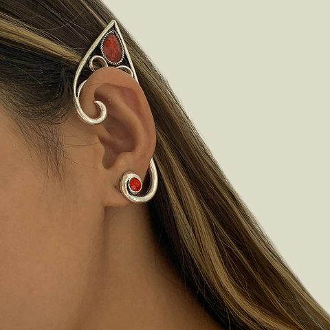 Vintage Gothic Elf Ear Cuff For Women Antique Silver Alloy Hollow Scroll Arabesque With Red Rhinestone Halloween Party Jewelry