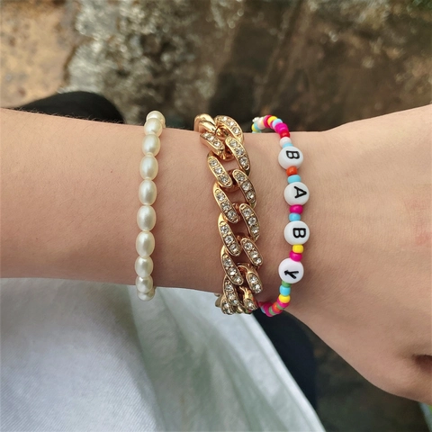 Trendy Alloy Rhinestone Cuban Link Chain Faux Artificial Pearl Colorful Seed Bead Bracelet With Baby Letter Beads For Women Jewelry