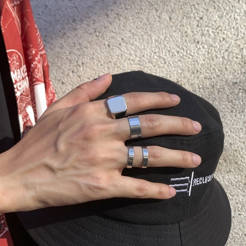 Herren Hip Hop Minimalistisch Legierung Ring Set Versilbert Quadrat Siegelring Schlichte Band Ringe Herren Vintage Schmuck