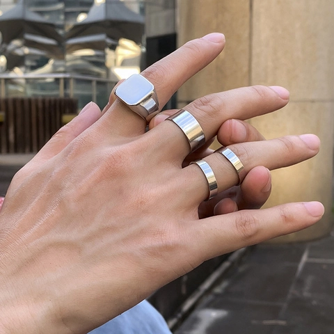 Herren Hip Hop Minimalistisch Legierung Ring Set Versilbert Quadrat Siegelring Schlichte Band Ringe Herren Vintage Schmuck
