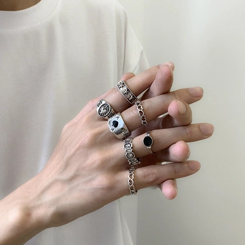 Vintage Hip Hop Ace Of Spades Alloy Ring Set For Men Antique Silver Punk Gothic Heart Star Geometric Distressed Finger Rings