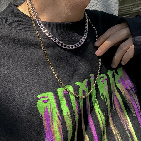 Men Hip Hop Cool Mixed Metal Layered Necklace Set Vintage Minimalist Silver Cuban Chain Gold Thin Link Jewelry For Men