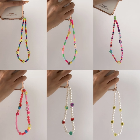 Bohemian Colorful Beaded Phone Lanyard For Women Polymer Clay Fruit Star Smile Face Letter Anti Lost Phone Chain Accessory