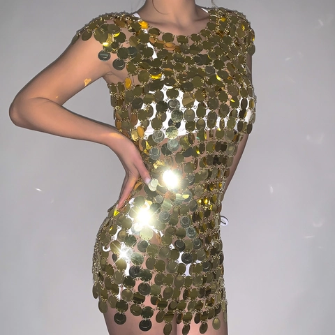Sexy Catena per il Corpo a Dischi Rotondi con Paillettes Metalliche Mini Abito Svuotato per Discoteca Festa Gonna Top Donna