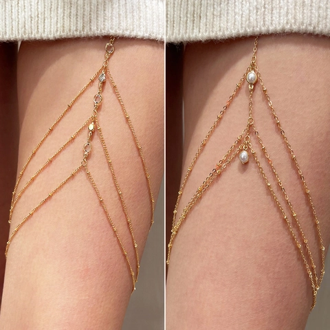 Sexy Bohemian Thigh Chain For Women Alloy Faux Artificial Pearl Rhinestone Star Multi Layer Elastic Body Jewelry Beach Party Accessory
