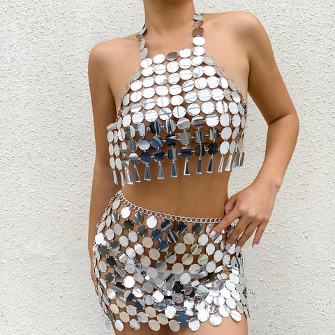 Sexy Sequin Body Chain Halter Backless Bikini Top And Mini Skirt Festival Rave Party Beachwear Shiny Metallic Plastic Jewelry Accessories For Women