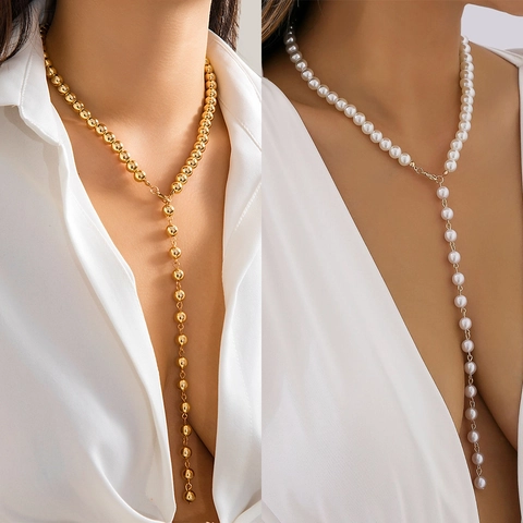 Vintage Minimalist Long Y-Shaped Tassel Necklace For Women Imitation Artificial Pearl Metal Beads Gold Silver Plated Lariat Statement Fashion Jewelry