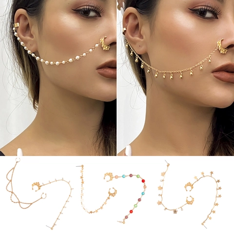 Bohemian Alloy Nose To Ear Chain For Women With Artificial Pearls Butterfly Star Tassel Punk Gold Silver Plated Body Jewelry