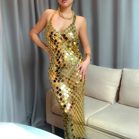 Sexy Pailletten Body Chain Jurk voor Dames Huidkleurig Ontwerp Geometrische Schijven Halterfeestjurk met Open Rug
