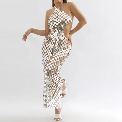 Sexy Halter Lovertjes Body Chain Jurk Voor Vrouwen Rugloos Metalen Gaas Nachtclub Party Wear Lange Body Sieraden