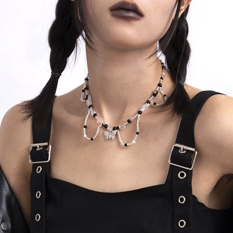 Collar de Cuentas Mariposa Y2K para Mujer Colgante Corazón Alas de Aleación Dulce Genial Cadena de Clavícula Joyería