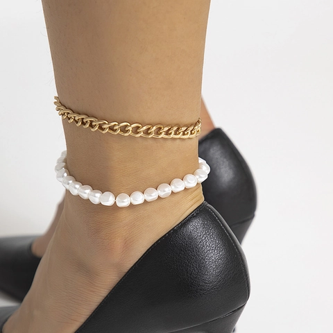 Bracelet De Cheville Double Couche Fausse Künstliche Perle Or Fer Chaîne Cubaine Pour Femmes Plage Mariage Bijoux De Pied Cadeau