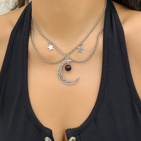 Vintage Double Layer Alloy Moon Star Pendant Necklace For Women Gothic Bohemian Silver Metal Chain With Black Bead Jewelry