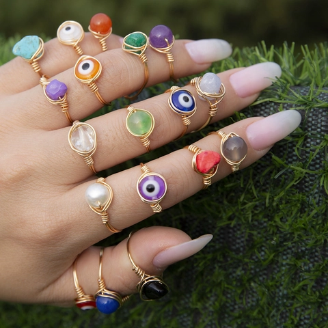 Handmade Copper Wire Wrapped Evil Eye Ring For Women Bohemian Ethnic Natural Stone Irregular Finger Ring Jewelry Gift