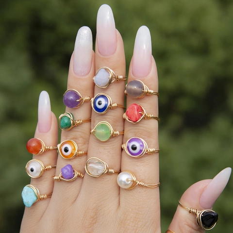 Handmade Copper Wire Wrapped Evil Eye Ring For Women Bohemian Ethnic Natural Stone Irregular Finger Ring Jewelry Gift