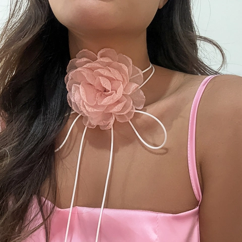 French Vintage Large Fabric Flower Choker Necklace For Women Elegant Satin Mesh Floral Wrap Around Neck Tie Ribbon Jewelry