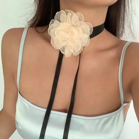 French Vintage Large Fabric Flower Choker Necklace For Women Elegant Satin Mesh Floral Wrap Around Neck Tie Ribbon Jewelry