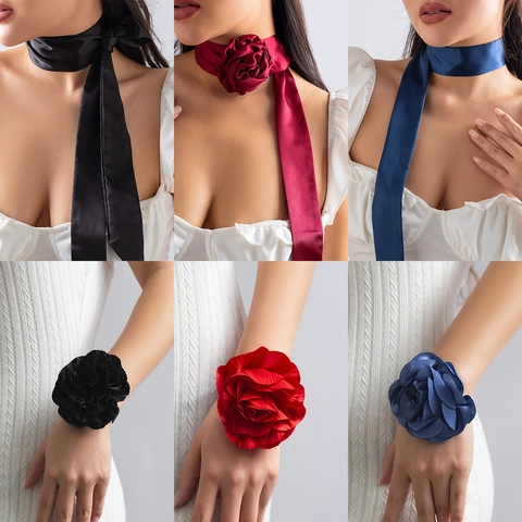 Vintage Satin Rose Flower Choker Necklace For Women Elegant Camellia Tassel Ribbon Necklace Party Jewelry Handmade Bracelet