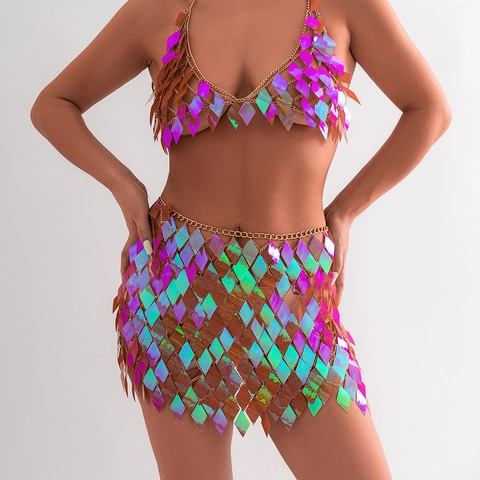 Holographic Rhombic Sequin Body Chain Halter Bikini Top And Mini Skirt Gold Chain Hollow Out Rave Beach Party Women Jewelry