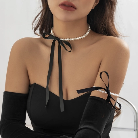 Vintage Französischer Hof Imitationsperle Choker Halskette Mit Langem Samtband Schleife Für Damen Elegant Party Hochzeit Schmuck