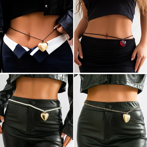 Women Fashion Heart Pendant Waist Chain Korean Velvet Glass Faux Artificial Pearl Metal Body Chain Jewelry For Beach Party Streetwear