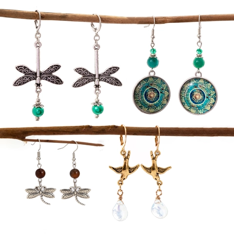 Vintage Ethnic Alloy Dragonfly Bird Mandala Drop Earrings For Women Bohemian Style Animal Pattern Dangle Earrings Jewelry