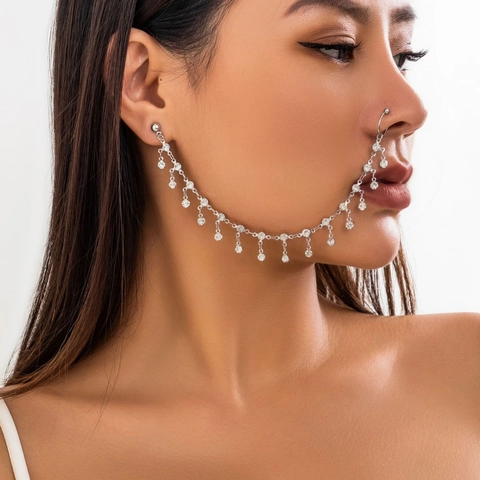 Ethnic Western Style Alloy Rhinestone Tassel Nose Ring To Ear Chain For Women Stage Performance Bohemian Body Jewelry