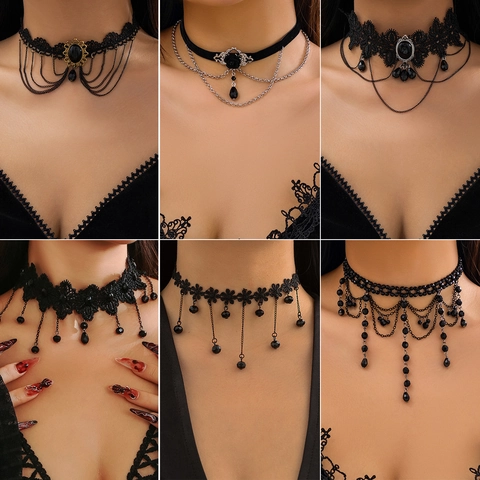Vintage Γοτθικό Μαύρο Δαντέλα Choker Κολιέ για Γυναίκες Lolita Retro Φούντα Μενταγιόν Σταγόνα Νερού Κοσμήματα Αλυσίδα Κράματος