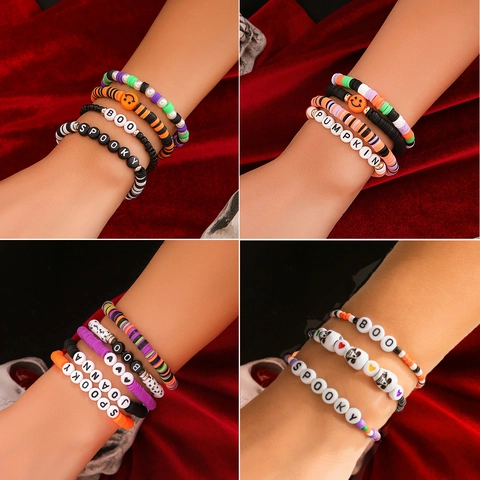 Collezione Braccialetti con Perline Halloween Gotico Perle in Argilla Alfabeto Boo Spooky Zucca Teschio Sorriso Gioielli Elastici da Festa Donna