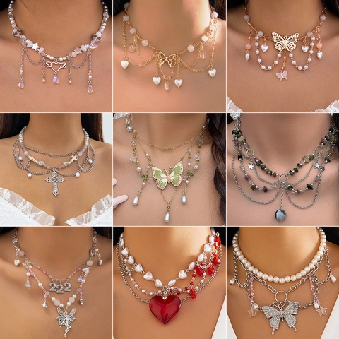Y2K Sweet Butterfly Imitation Artificial Pearl Choker Necklace For Women Alloy Enamel Heart Star Snake Fairy Pendant Tassel Jewelry